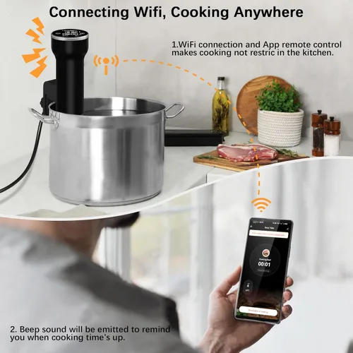 Miniatura 3 de CATTLEMAN Máquina Sous Vide Wi-Fi, 1000 W, IPX7 impermeable, cocina Sous Vide, circulador de inmersión, kit de cocina Suvee con 30 bolsas de vacío