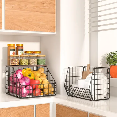 Miniatura 4 de Almacenamiento de frutas y verduras, 2 juegos de cestas de alambre montadas en la pared, cesta de frutas para encimera de cocina, cesta de frutas