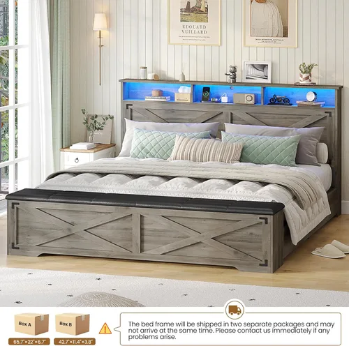 Miniatura 8 de Hasuit - Marco de cama tamaño Queen con otomana de almacenamiento, marco de cama estilo granja con estación de carga y luz LED, cabecera con estante