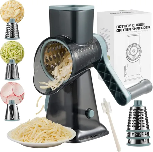 Rallador de queso giratorio de mano, rallador de queso con 3 cuchillas con base de succión más fuerte | Cuchillas de acero inoxidable para frutas,