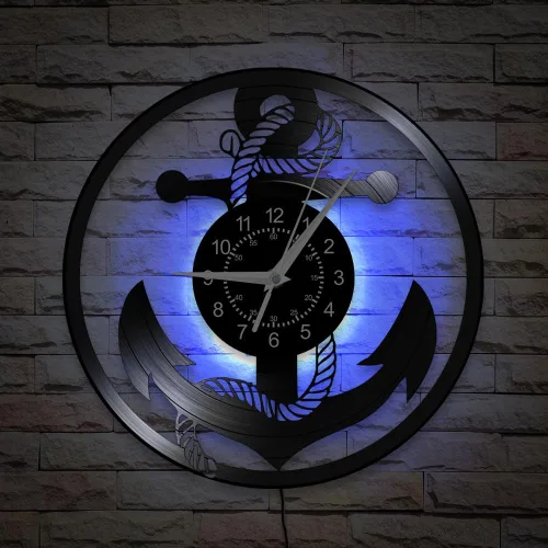 Reloj de pared de 12 pulgadas con ancla y rueda de barco, 7 tipos de color LED, reloj de pared náutico costero, reloj de pared decorativo vintage