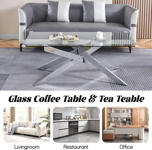 Miniatura 7 de Mesa auxiliar de cristal de 47 pulgadas, mesa central rectangular moderna con parte superior de vidrio templado transparente y patas de metal mesa