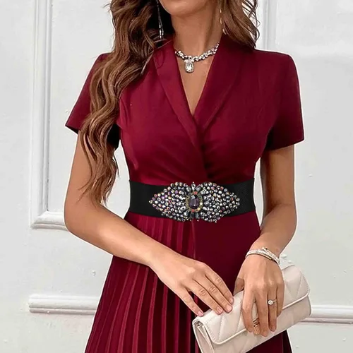 Miniatura 4 de Wriidy Cinturón elástico con diamantes de imitación, cinturón de vestir ancho negro, cinturones elásticos para mujer, accesorios de joyería