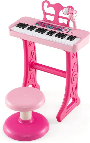 Miniatura 10 de Costzon Piano para niños, teclado de piano de juguete de 37 teclas con micrófono, taburete y soporte de música, piano electrónico portátil, juguete