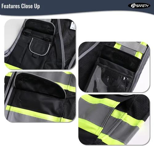 Miniatura 4 de JKSafety - Chaleco de seguridad de malla negra de alta visibilidad con 11 bolsillos para hombres y mujeres, chaleco reflectante de construcción