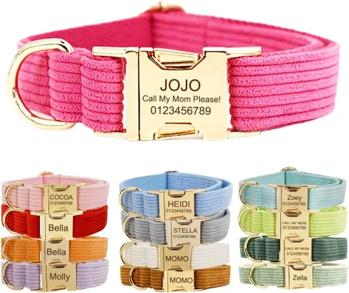 Miniatura 15 de Collar para perro personalizado con hebilla metálica - Collares para mascotas personalizados con nombre y número de teléfono (Estilo Terciopelo1)