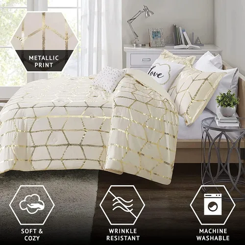 Miniatura 4 de Intelligent Design Raina King/Cal King - Juego de edredón de microfibra suave, juego de cama geométrico metálico moderno, 5 piezas de ropa de cama