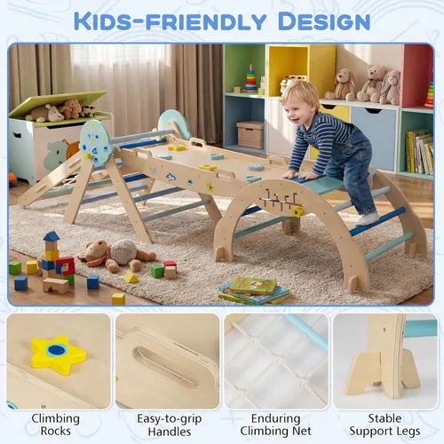 Miniatura 8 de HONEY JOY Pikler - Juego de triángulos plegables 9 en 1 con arco, rampa, cuerda de escalada y escalera, parque infantil interior para bebés, Azul