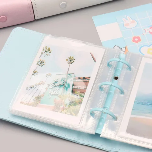 Miniatura 2 de Mini álbum de fotos, soporte para tarjetas de fotos azules, tarjetas fotográficas Kpop de piel sintética de 3 anillos, álbum de películas de fotos