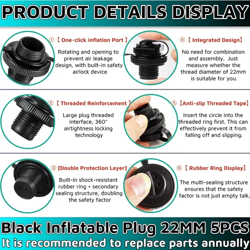 Miniatura 7 de Tapón inflable para kayaks, 5 unidades, 0.787 in de diámetro roscado, piezas de repuesto para botes inflables Intex Boat Intex, accesorios de barco
