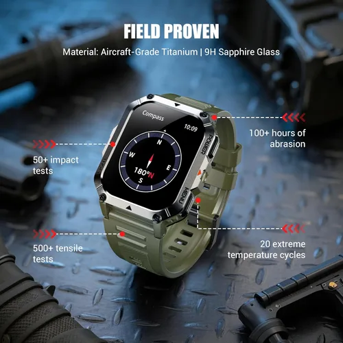 Miniatura 4 de Relojes inteligentes militares para hombres, reloj inteligente para Android iPhone con gran pantalla HD de 2.01 pulgadas, linterna, batería de 100