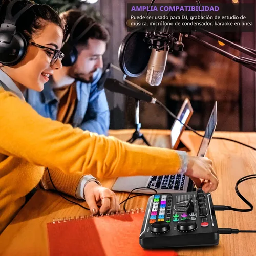 Miniatura 3 de Facmogu Mezclador de audio con tarjeta de sonido en vivo F998, interfaz de audio de podcast con efectos de mezclador de DJ, cambiador de voz