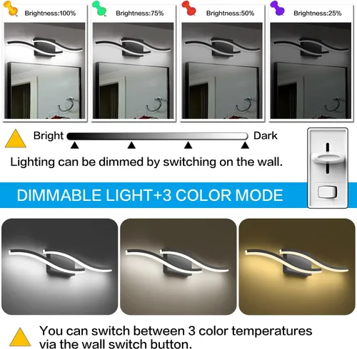Miniatura 5 de PRESDE Lámpara LED de Tocador de Baño de 24", Moderna Luminaria de Barra de Pared Negra Sobre Espejo Regulable 3CCT