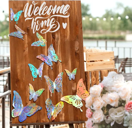 Miniatura 2 de 60 calcomanías de pared de mariposa plateada iridiscente 3D, calcomanías holográficas con 5 estilos murales de papel decorativo para guardería, aula