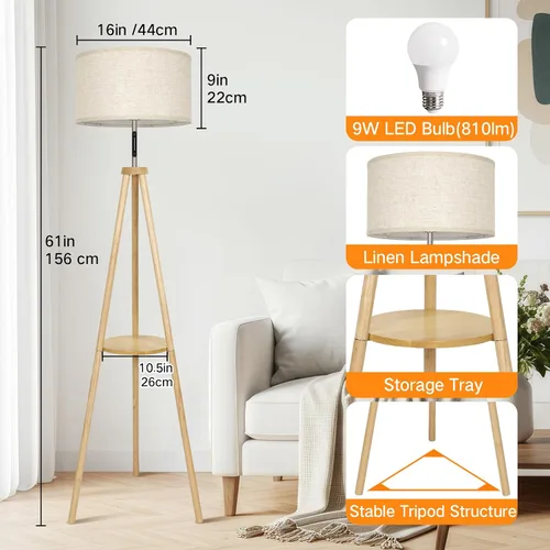Miniatura 13 de OUTON - Lámpara de pie de trípode de madera con estantes, lámpara de pie de mediados de siglo con control remoto, 4 temperaturas de color, lámpara