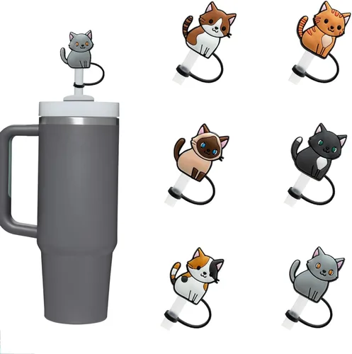 6 adornos de paja para gatos Stanley de 40 onzas y 30 onzas, silicona de grado alimenticio, puntas grandes, tapones protectores