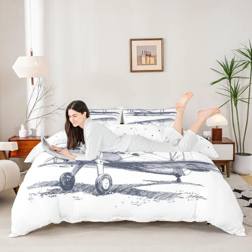 Miniatura 3 de Feelyou Juego de ropa de cama de avión, tamaño individual, para niños, adolescentes, funda de edredón para vuelo, helicóptero, avión volador, azul