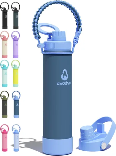 Miniatura 20 de Botella de agua aislada de 18 onzas con 2 tapas (tapa de popote y boquilla 2 en 1, tapa magnética), botella de agua delgada con correa, botella