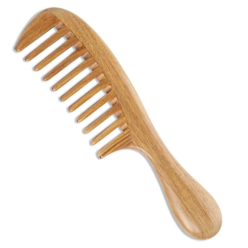 Onedor Peines de pelo de sándalo verde 100% natural, hechos a mano, con aroma a sándalo antiestático, peine de madera natural desenredante (diente