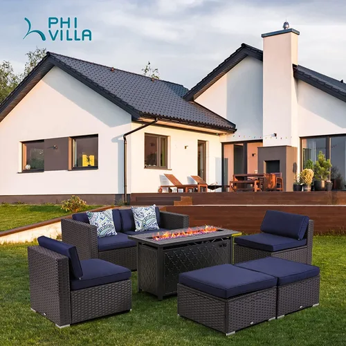 Miniatura 4 de PHI VILLA Mesa para fogata de gas, 45 pulgadas, rectangular, grande, larga, para exteriores, propano 50000 BTU, mesa de fuego con tapa y vidrio azul