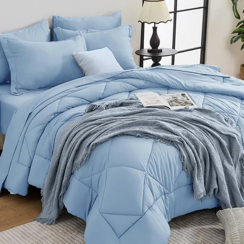 Miniatura 63 de HEVUMYI - Juego de edredón King de 7 piezas para todas las estaciones, cama en una bolsa, ultra suave, juego de cama con edredón, sábana plana, Azul