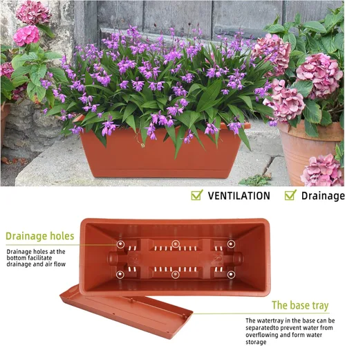 Miniatura 6 de Macetero rectangular con agujeros de drenaje y bandejas, 8 unidades, macetas de plástico para ventana de 17 pulgadas, macetas de plástico para Rojo