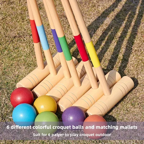 Miniatura 6 de ApudArmis Juego de croquet para seis jugadores de 35 pulgadas con mazos de madera de pino de alta calidad, bola de colores, mechones, estacas