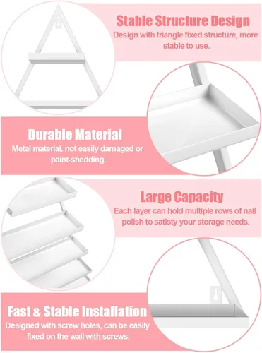 Miniatura 4 de Lorvain - 10 estantes de almacenamiento de esmalte de uñas de metal para montaje en pared, 5 niveles, color blanco, triangular, vitrina