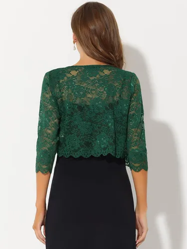 Miniatura 4 de Allegra K Cárdigan de encaje para mujer, frente abierto, con encaje, elegante, transparente, floral, recortado, bolero, tops de encaje