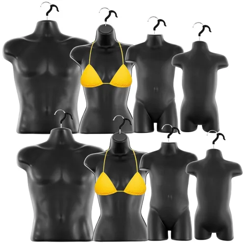 Briwooody 8 piezas de maniquí colgante negro con gancho de suspensión, macho, hembra, niño y niño pequeño, maniquí colgante cuerpo conjunto familiar