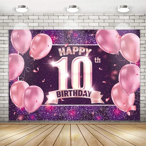Decoraciones de fondo de feliz cumpleaños 10 para niñas, pancarta de fondo rosa, morado y dorado | Cartel de fondo de fotos de feliz 10 cumpleaños