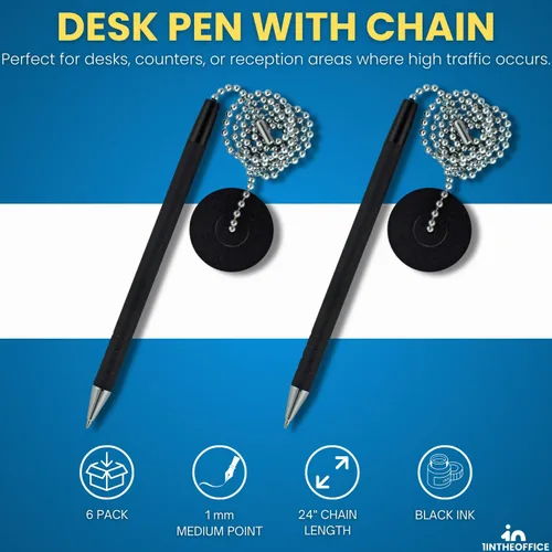 Miniatura 2 de 1InTheOffice Bolígrafo con cadena, bolígrafo de seguridad para mostrador, almohadilla redonda adhesiva, negro, paquete de 6