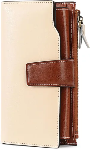 Miniatura 6 de SENDEFN Carteras de cuero para mujer, con bloqueo RFID, tarjetero con bolsillo con cremallera, Beige Marrón, Minimalista