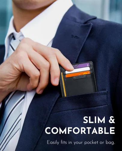 Miniatura 40 de Buffway Cartera delgada para hombres y mujeres, minimalista, pequeña, de cuero, con bolsillo frontal, con bloqueo RFID y caja de regalo, Bassa Mars