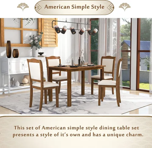 Miniatura 5 de RUNNA Juego único de mesa de comedor de madera de 5 piezas con mesa rectangular y 4 sillas tapizadas, para lugares pequeños y cocina, cómodo