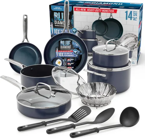 Blue Diamond Juego de utensilios de cocina antiadherentes de 14 piezas, ollas y sartenes de cerámica de diamante, apto para lavavajillas y