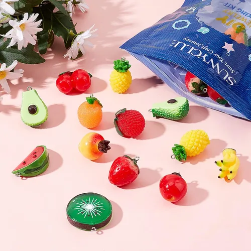 Miniatura 4 de SUNNYCLUE 1 caja de 22 piezas de 11 estilos de resina de Acción de Gracias, dijes de frutas de sandía, fresa, plátano, imitación de alimentos
