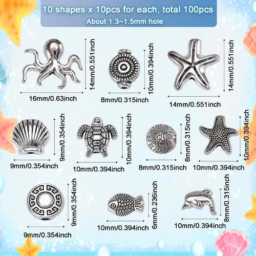Miniatura 3 de 100 cuentas espaciadoras de plata antigua, cuentas de metal, animales del océano, tortugas marinas, estrellas de mar, peces pequeños, para verano