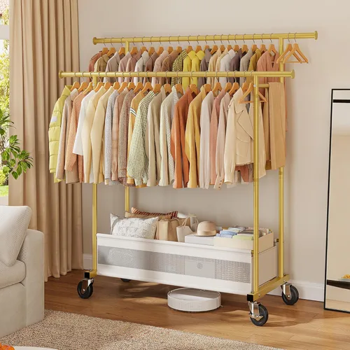 Miniatura 8 de Perchero de ropa para colgar ropa, perchero portátil con ruedas, perchero de ropa de doble barra con cesta de almacenamiento, perchero