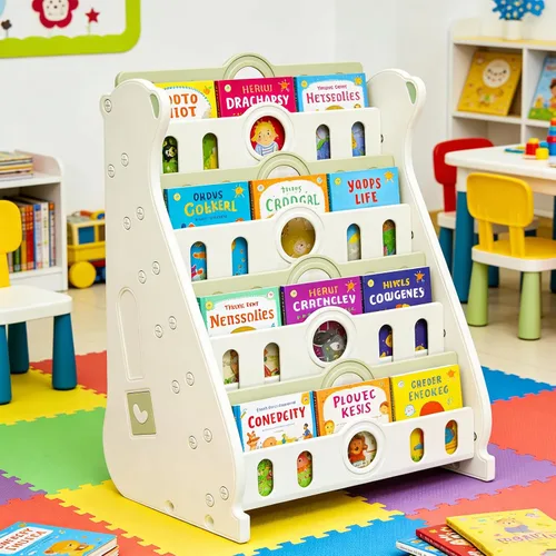 Miniatura 10 de Estantería infantil y almacenamiento de juguetes para niños pequeños, estantería blanca de 4 niveles para dormitorio/guardería/aula, estantería