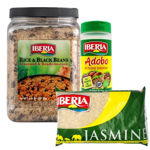 Iberia Tarro de arroz y frijoles negros de 3.4 libras + arroz Iberia Jasmine, 5 libras + Iberia Adobo sin pimienta, 16 onzas