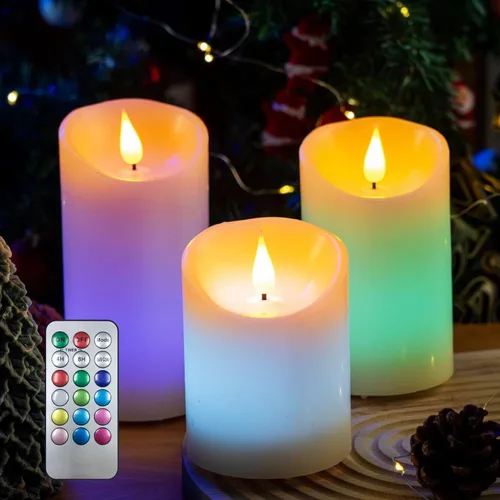 Velas recargables de colores con control remoto, las velas sin llama vienen con temporizador, llama realista 3D, revestimiento de cera real, brillo