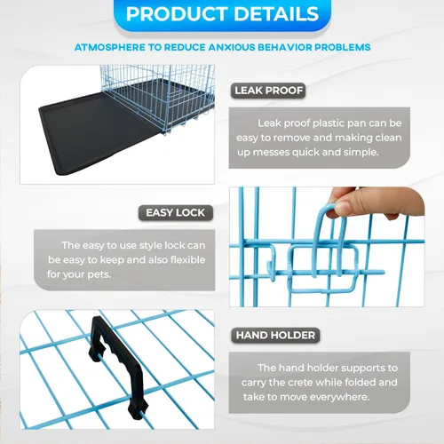 Miniatura 6 de FDW Jaula para perros grandes de 42 pulgadas plegable de metal con alambre para mascotas, doble puerta con panel divisor para interiores y Azul