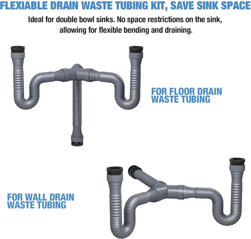 Miniatura 5 de NiHome Kit de drenaje flexible P-Trap para fregadero de cocina doble, tubo de drenaje de aguas residuales universal de 1-1/2 o 1-1/4 pulgadas
