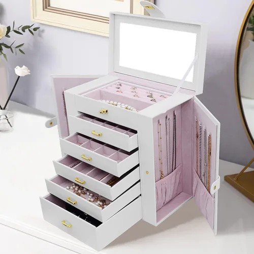 Miniatura 7 de AKOZLIN - Organizador de joyería extra grande de 6 niveles con espejo, estuche de joyería de cuero con 5 cajones para mujeres y niñas, para anillos