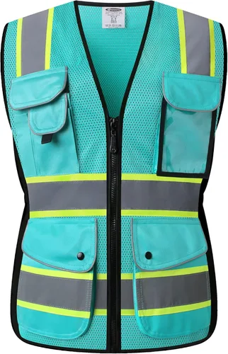 Miniatura 9 de JKSafety Chaleco de seguridad reflectante de alta visibilidad para mujer, tiras reflectantes cosidas en el cuerpo de color neón, transpirable