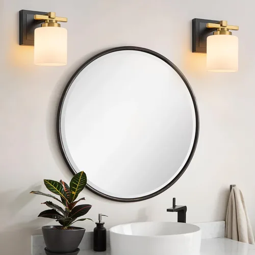 Miniatura 2 de 1 Luminaria Moderna de Baño sobre Espejo, Luces de Tocador Negro Dorado para Apliques de Pared de Baño con Pantallas de Vidrio Blanco Lechoso
