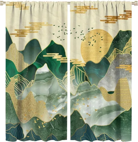 Miniatura 11 de Cortinas opacas con bolsillo para cortinero de montaña forestal, para sala de estar, oscurecimiento de la habitación, estilo japonés, paisaje