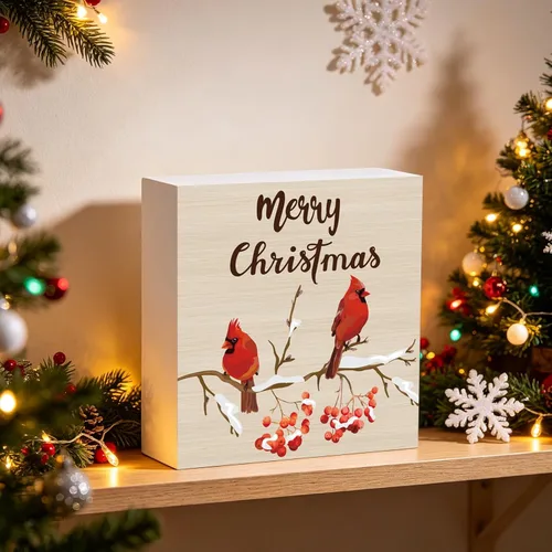 Miniatura 4 de Decoraciones navideñas para interiores, decoración de Navidad, mesa, hogar, habitación, cardenales, oficina, baño, caja de madera, letrero de madera