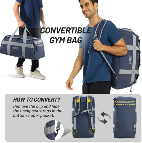 Miniatura 2 de MIER Bolsa de gimnasio para hombre, mochila grande con compartimento para zapatos, bolsas de lona convertibles de 60 L, bolsa de viaje para el fin